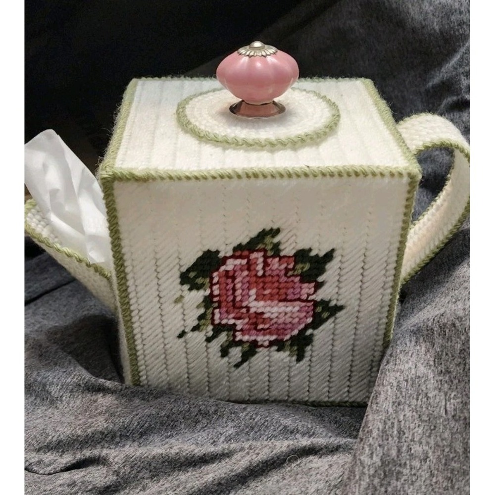 Vintage Handmade Needlepoint Teapot Tissue Box Cover Flower Grannycore Cottageco